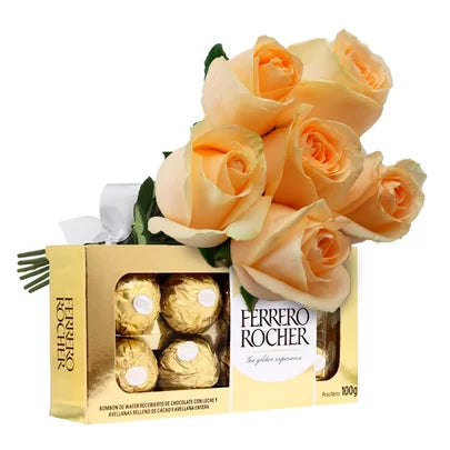BUQUÊ DE 6 ROSAS CHAMPANHE E FERRERO