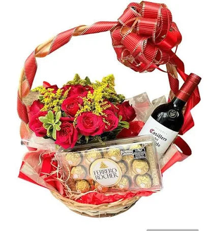 Cesta com 15 Rosas Vermelhas, Chocolate e Vinho Tinto